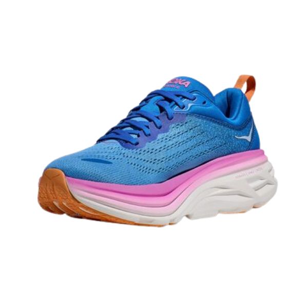     Hoka-Bondi-8-Womens-Shoe-Blue-Pink-Front-Side-Blue-Mountains-Running-Co